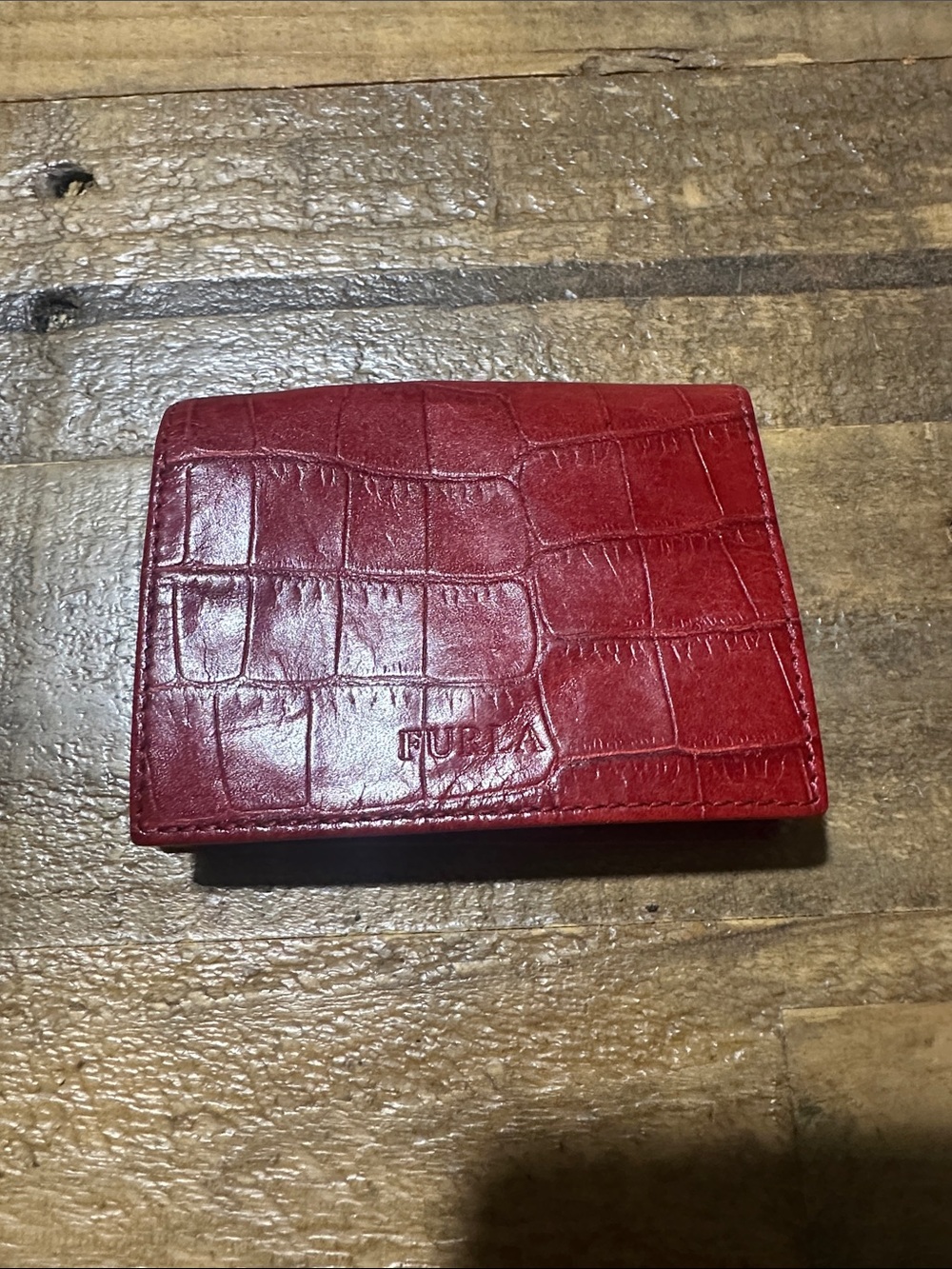 Furla Red Croc-Embossed Leather Card Case/ Coin Holder  ( new. ever used )